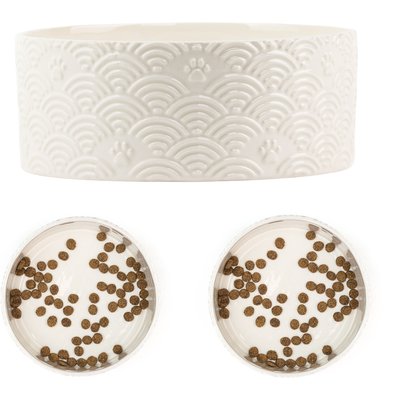 10 Strawberry Street 10 Strawberry Street Embossed Wave Paw Dog Bowl, Set of 2, White, Large