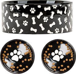 10 Strawberry Street Bone & Paw Pattern Dog Bowl, Set of 2, Black, Large
