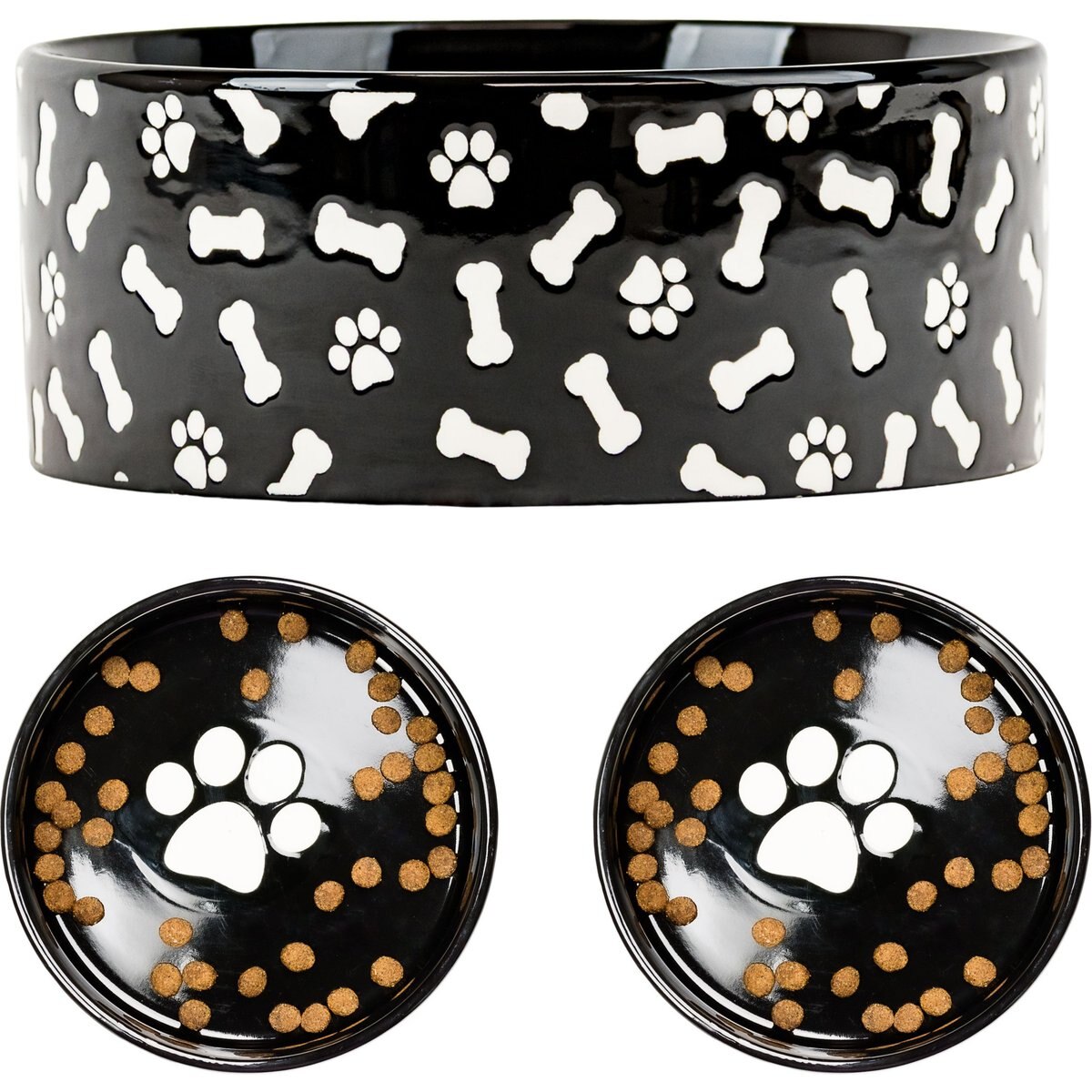 10 Strawberry Street Bone & Paw Pattern Dog Bowl, Set of 2, Black, Large