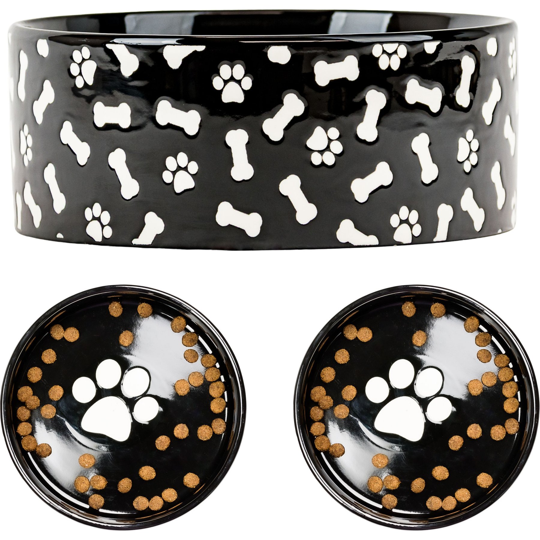 10 Strawberry Street Bone & Paw Pattern Dog Bowl, Set of 2, Black, Large