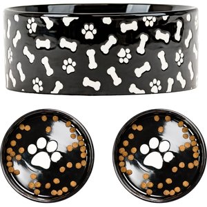 10 Strawberry Street Bone & Paw Pattern Dog Bowl, Set of 2, Black, Large