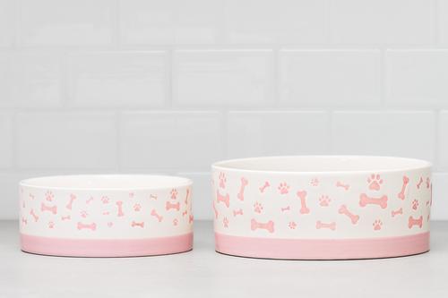 Show full view: 10 Strawberry Street Bone & Paw Banded Dog Bowl, Set of 2, White/Pink, Large slide 5 of 5