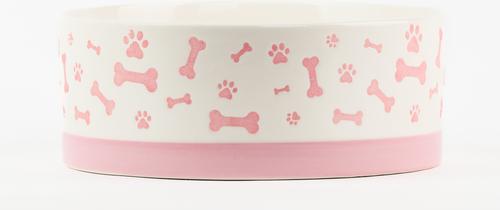 Show full view: 10 Strawberry Street Bone & Paw Banded Dog Bowl, Set of 2, White/Pink, Large slide 3 of 5