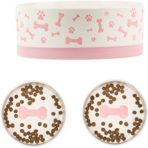 10 Strawberry Street Bone & Paw Banded Dog Bowl, Set of 2, White/Pink, Large