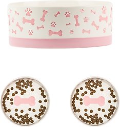 10 Strawberry Street Bone & Paw Banded Dog Bowl, Set of 2, White/Pink, Small
