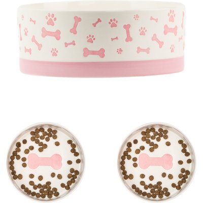 10 Strawberry Street 10 Strawberry Street Bone & Paw Banded Dog Bowl, Set of 2, White/Pink, Small