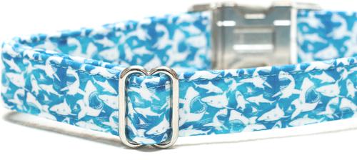 Show full view: Zaley Designs Sharks Cotton Dog Collar, Blue, Medium: 13 to 20-in neck, 1-in wide slide 2 of 4