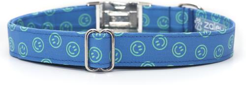 Show full view: Zaley Designs Smiley Faces Cotton Dog Collar, Blue & Green, X-Small: 8 to 12-in neck, 5/8-in wide slide 2 of 3