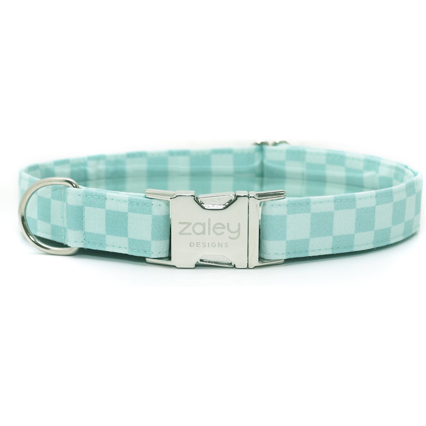 Zaley Designs Checkered Cotton Dog Collar, Mint Blue, Medium: 13 to 20-in neck, 1-in wide