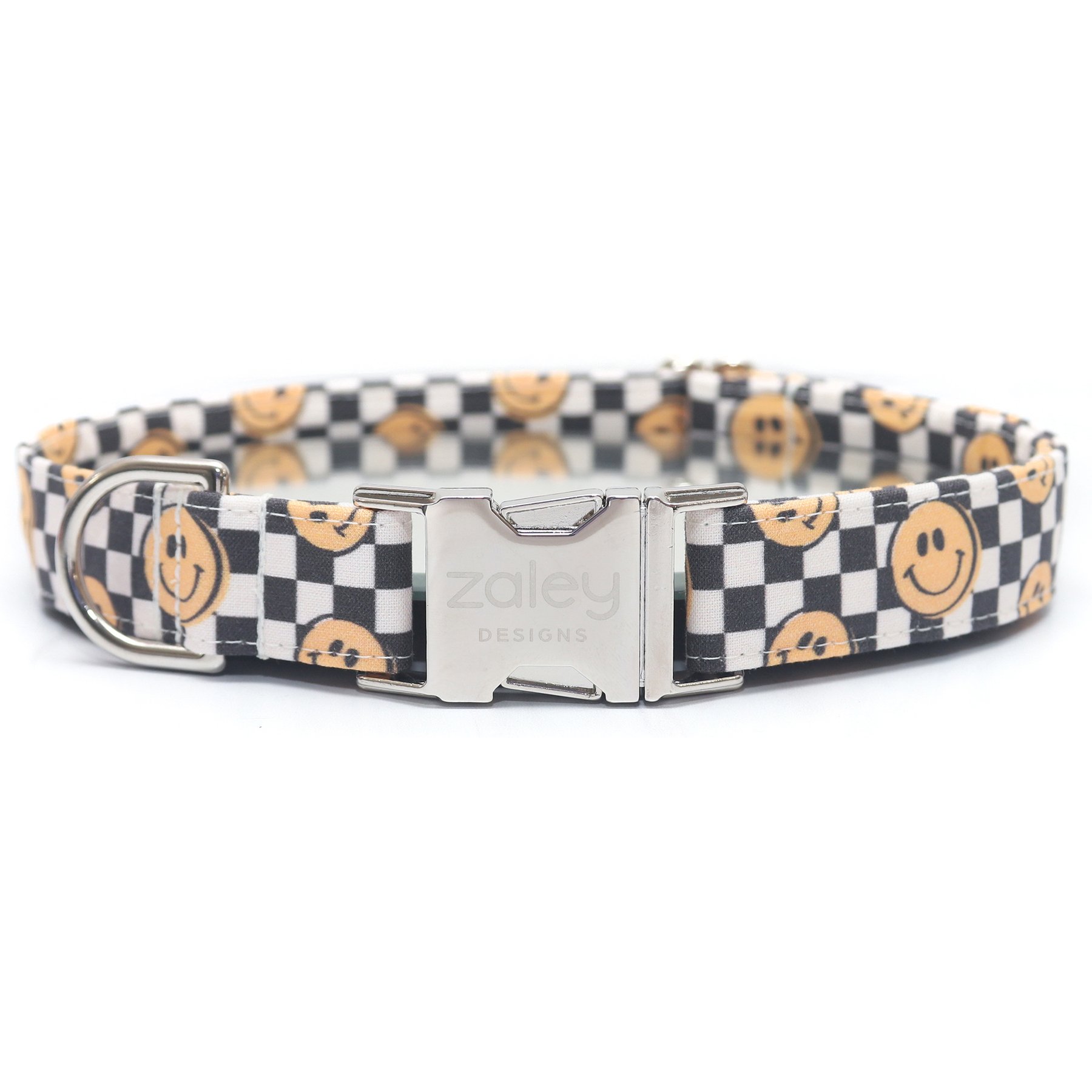 Zaley Designs Retro Checkered Smiley Faces Cotton Dog Collar, Black & White, Large: 15 to 25-in neck, 1-in wide