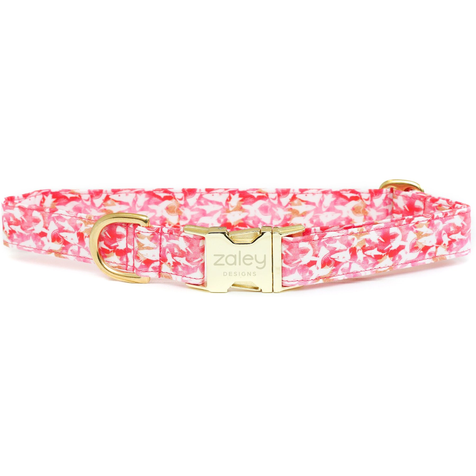 Zaley Designs Sharks Cotton Dog Collar, Pink & Gold, Medium: 13 to 20-in neck, 1-in wide