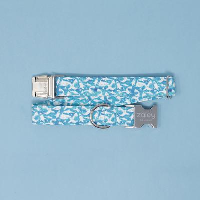 Show full view: Zaley Designs Sharks Cotton Dog Collar, Blue, Medium: 13 to 20-in neck, 1-in wide slide 3 of 4