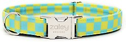 Zaley Designs Checkered Cotton Dog Collar, Blue & Green, Medium: 13 to 20-in neck, 1-in wide