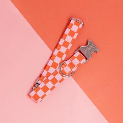 Show full view: Zaley Designs Checkered Cotton Dog Collar, Pink & Orange, Medium: 13 to 20-in neck, 1-in wide slide 4 of 7