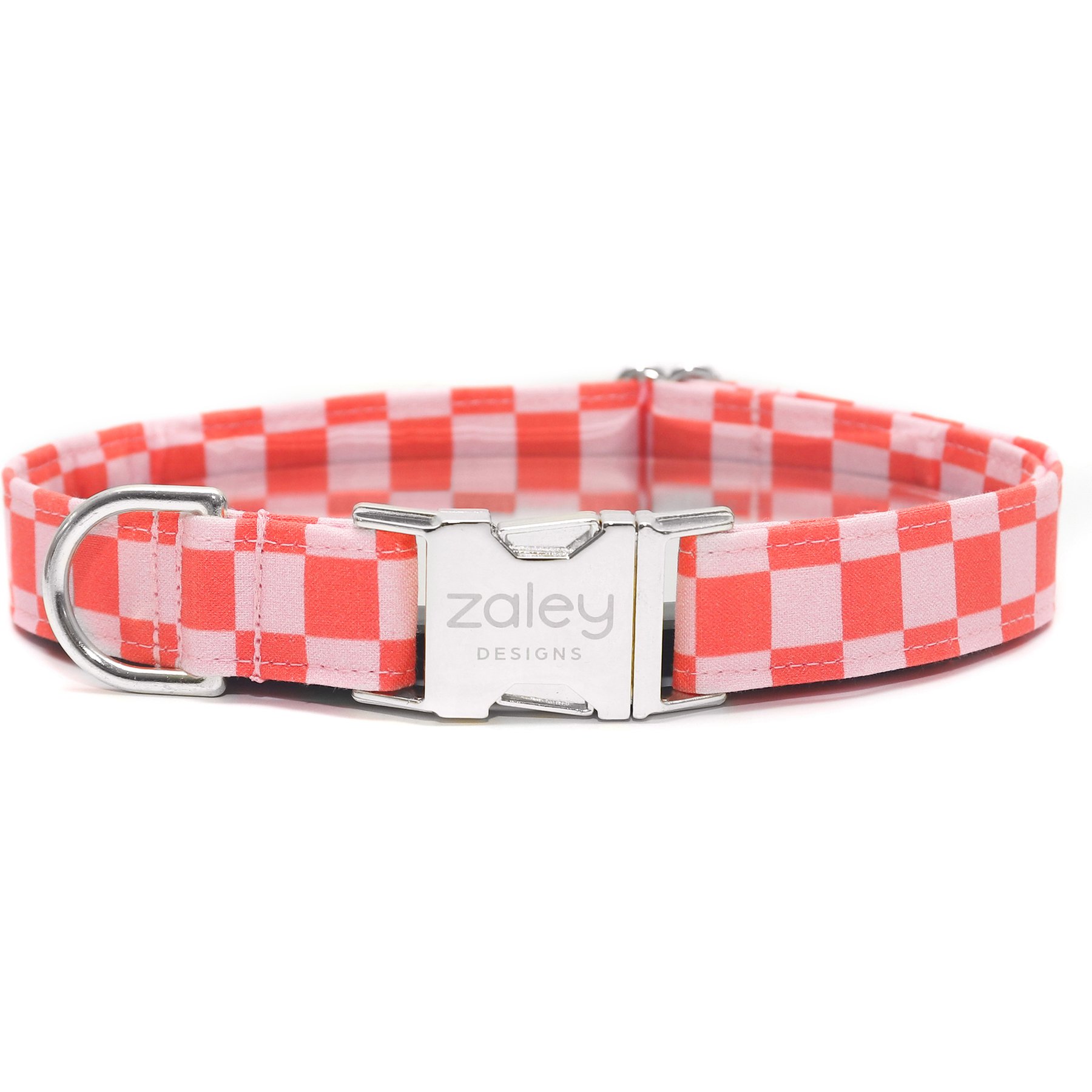 Zaley Designs Checkered Cotton Dog Collar, Pink & Orange, Medium: 13 to 20-in neck, 1-in wide