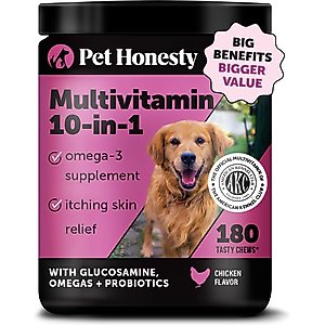 Pet Honesty Multivitamin 10-in-1 Chicken Flavor Glucosamine, Omega-3 Vitamins for Dogs, 180 count