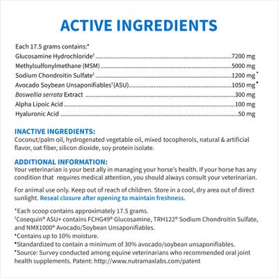 Show full view: Nutramax Cosequin ASU Plus with Glucosamine, Chondroitin, MSM, ASU, ALA, & Hyaluronic Acid Pellets Joint Health Supplement for Horses, 1050-g slide 3 of 9