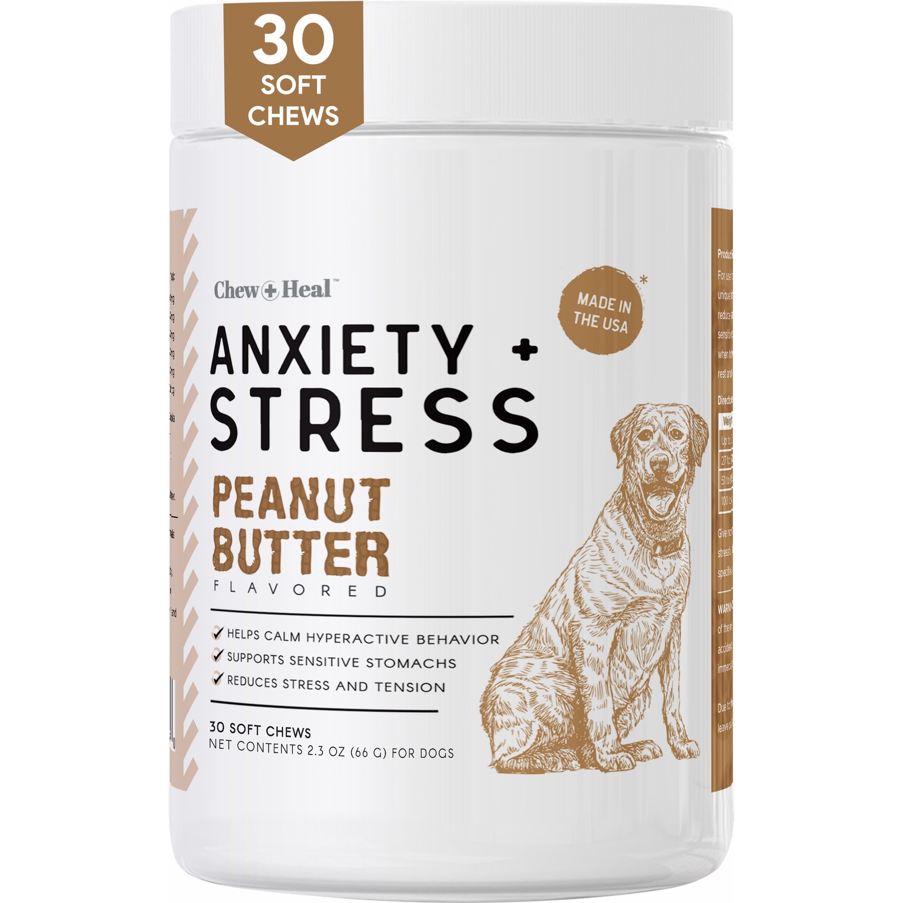 Chew + Heal Anxiety + Stress Peanut Butter Flavored Soft Chew Calming Supplement for Dogs, 30 count