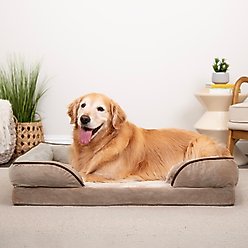 FurHaven Velvet Waves Perfect Comfort Cooling Gel Bolster Cat & Dog Bed with Removable Cover, Brownstone, Large