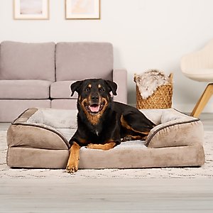 FurHaven Velvet Waves Perfect Comfort Cooling Gel Bolster Cat & Dog Bed with Removable Cover, Brownstone, Jumbo