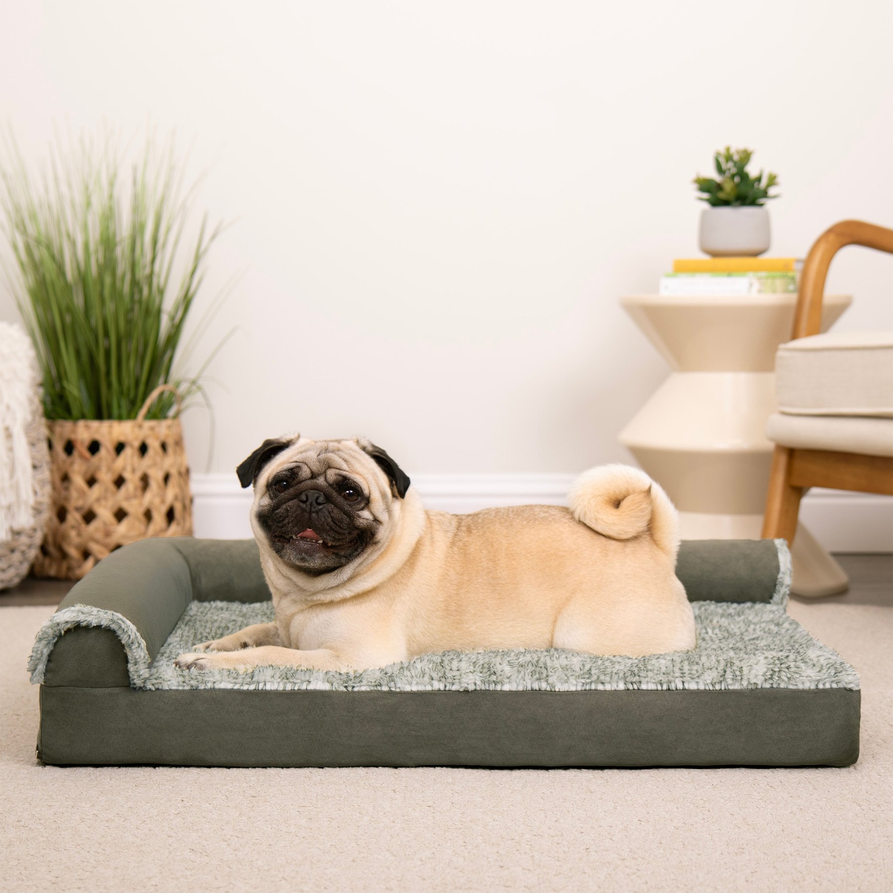FurHaven Two-Tone Deluxe Chaise Orthopedic Dog Bed with Removable Cover, Dark Sage, Medium