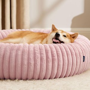 Bedsure ComfyFleece Donut Bolster Dog Bed with Removable Cover, Pink, Large