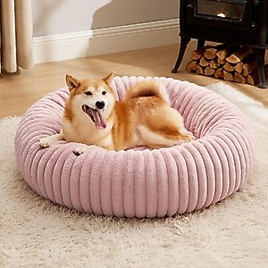 Bedsure ComfyFleece Donut Bolster Dog Bed with Removable Cover, Pink, Large