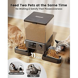 OneIsAll Stainless Steel Automatic Two Bowl Cat Feeder, Black, 20-cup