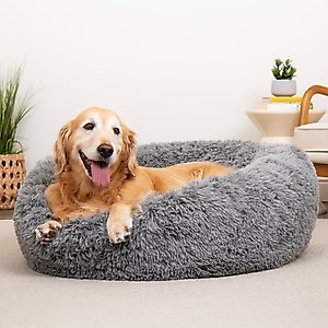 FurHaven Calming Cuddler Long Fur Donut Bolster Dog Bed, Gray, Large