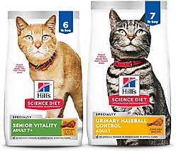 Hill's Science Diet 7+ Senior Vitality Chicken Recipe, 6-lb bag + Urinary Hairball Control Dry Cat Food, 7-lb bag
