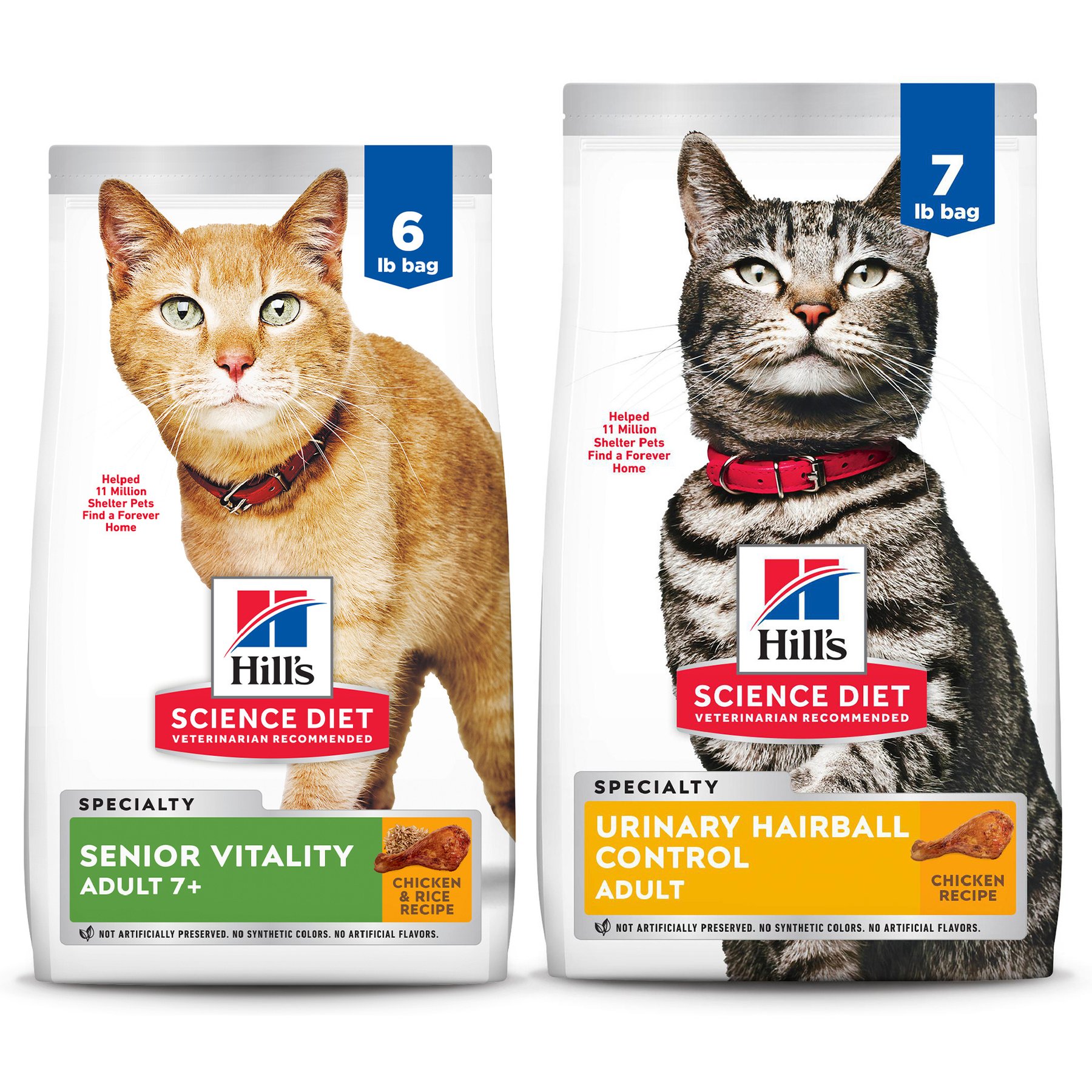 Hill's Science Diet 7+ Senior Vitality Chicken Recipe, 6-lb bag + Urinary Hairball Control Dry Cat Food, 7-lb bag