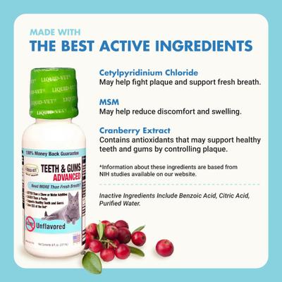 Show full view: Liquid-Vet Teeth & Gums Support Allergy-friendly Unflavored Cat Supplement, 8-fl oz bottle slide 5 of 12