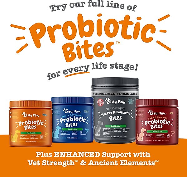 Show full view: Zesty Paws Probiotic Bites Pumpkin Flavored Soft Chews Gut Flora & Digestive Supplement for Dogs, 10 count slide 7 of 10