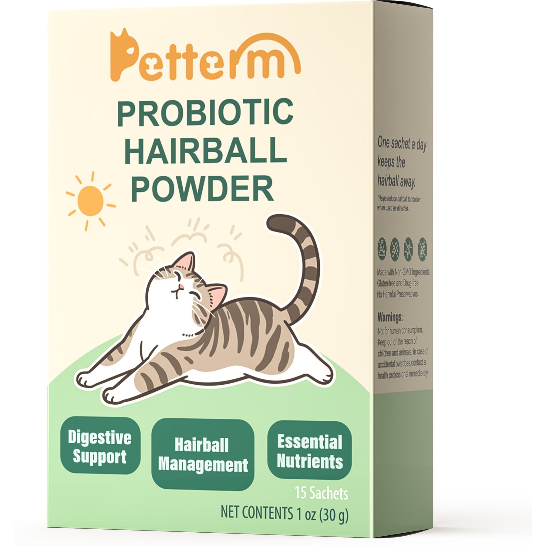 Petterm Probiotic Hairball Control Powder for Cats, 15 count