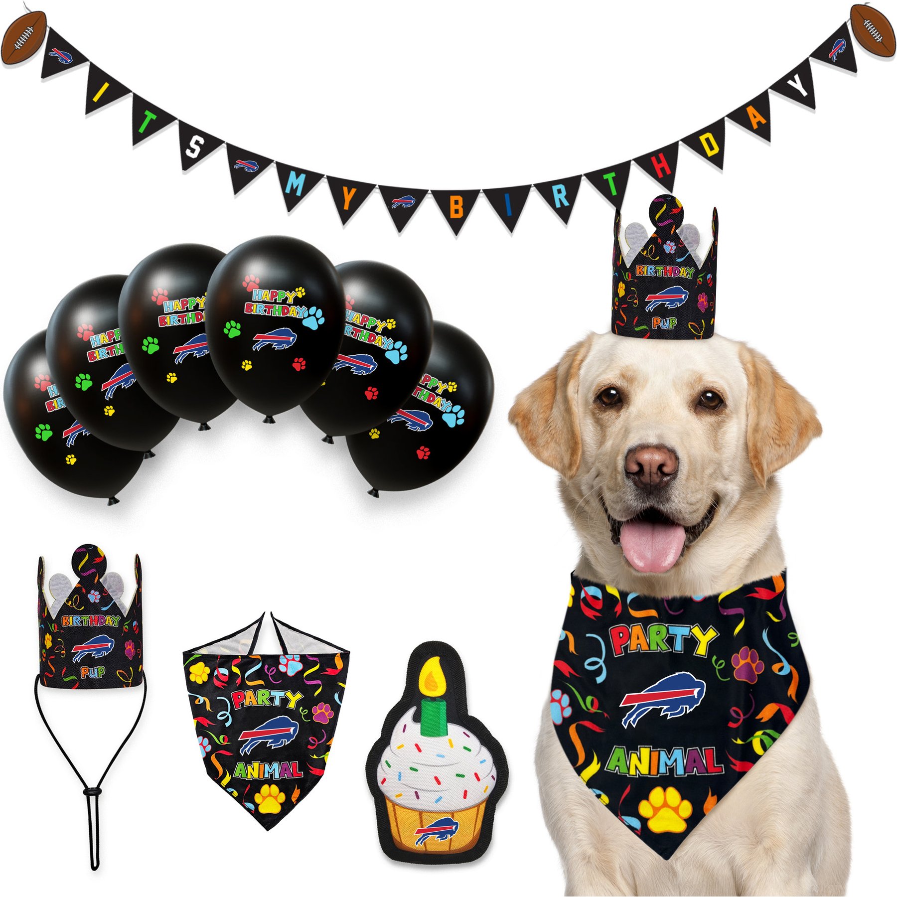 Pets First NFL Dog Toy Birthday Set Variety Pack, Buffalo Bills, 10 piece