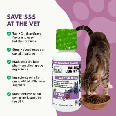 Show full view: Liquid-Vet Calm & Content Support Chicken Flavor Liquid Calming Supplement for Cats, 8-fl oz bottle slide 6 of 9