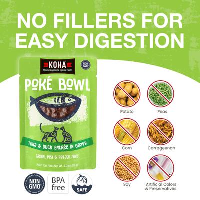 Show full view: KOHA Poké Bowl Tuna & Duck Entrée in Gravy Wet Cat Food, 3-oz pouch, case of 12 slide 5 of 8