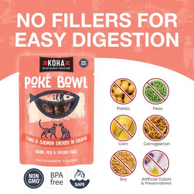 Show full view: KOHA Poké Bowl Tuna & Salmon Entrée in Gravy Wet Cat Food, 3-oz pouch, case of 12 slide 5 of 8