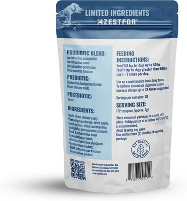 Show full view: Azestfor Gut Health 3-in-1 Prebotic Probotic Postbiotic Apple Flavored Powder Supplement for Dogs, 2.1-oz bag slide 7 of 10