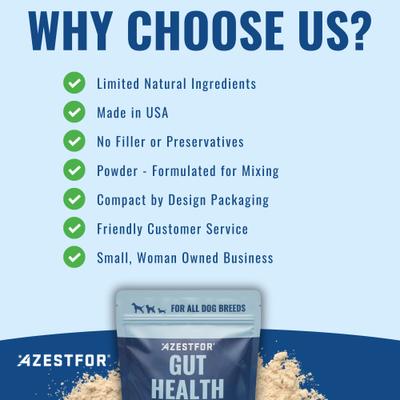 Show full view: Azestfor Gut Health 3-in-1 Prebotic Probotic Postbiotic Apple Flavored Powder Supplement for Dogs, 2.1-oz bag slide 6 of 10