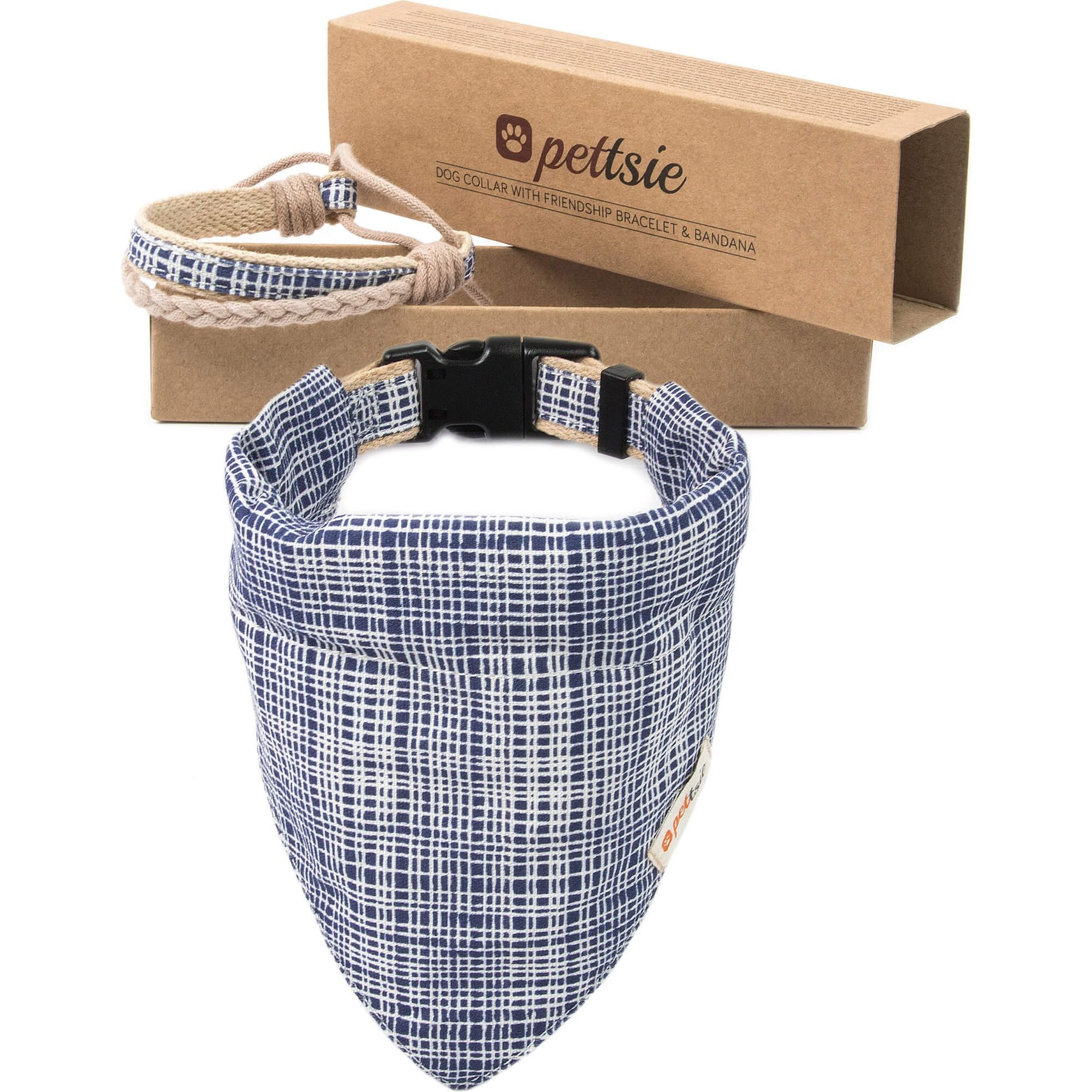 Pettsie Dog Collar & Bandana, Blue, Medium: 20-in neck, 4/5-in wide, natural