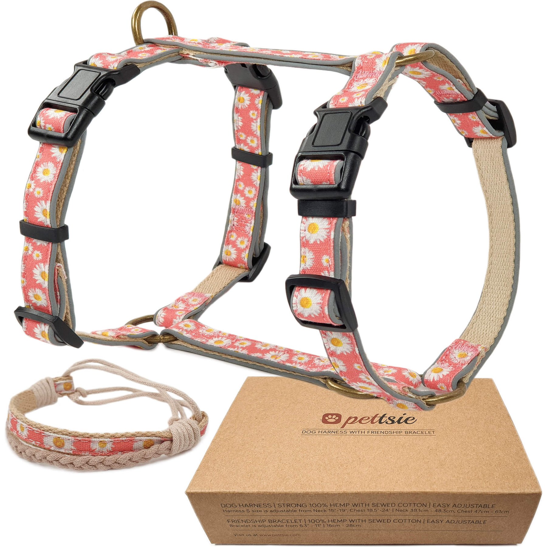 Pettsie No-Pull Reflective Dog Harness & Bracelet, Pink, Medium: 21 to 27.5-in chest, natural