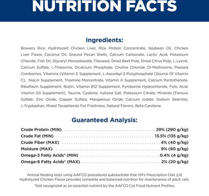 Show full view: Hill's Prescription Diet z/d Skin & Food Sensitivities Hydrolyzed Chicken Flavor Dry Cat Food, 8.5-lb bag slide 4 of 12