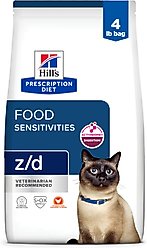 Hill's Prescription Diet z/d Skin & Food Sensitivities Hydrolyzed Chicken Flavor Dry Cat Food, 4-lb bag