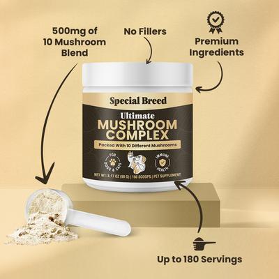 Show full view: Special Breed Ultimate Mushroom Complex Powder Immune Supplement for Dogs & Cats, 90-gm jar slide 6 of 8