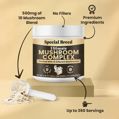 Show full view: Special Breed Ultimate Mushroom Complex Powder Immune Supplement for Dogs & Cats, 180-gm jar slide 6 of 8