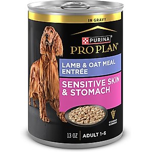 Purina Pro Plan Sensitive Skin & Stomach Lamb & Oat Meal in Gravy Wet Dog Food, 13-oz can, case of 12
