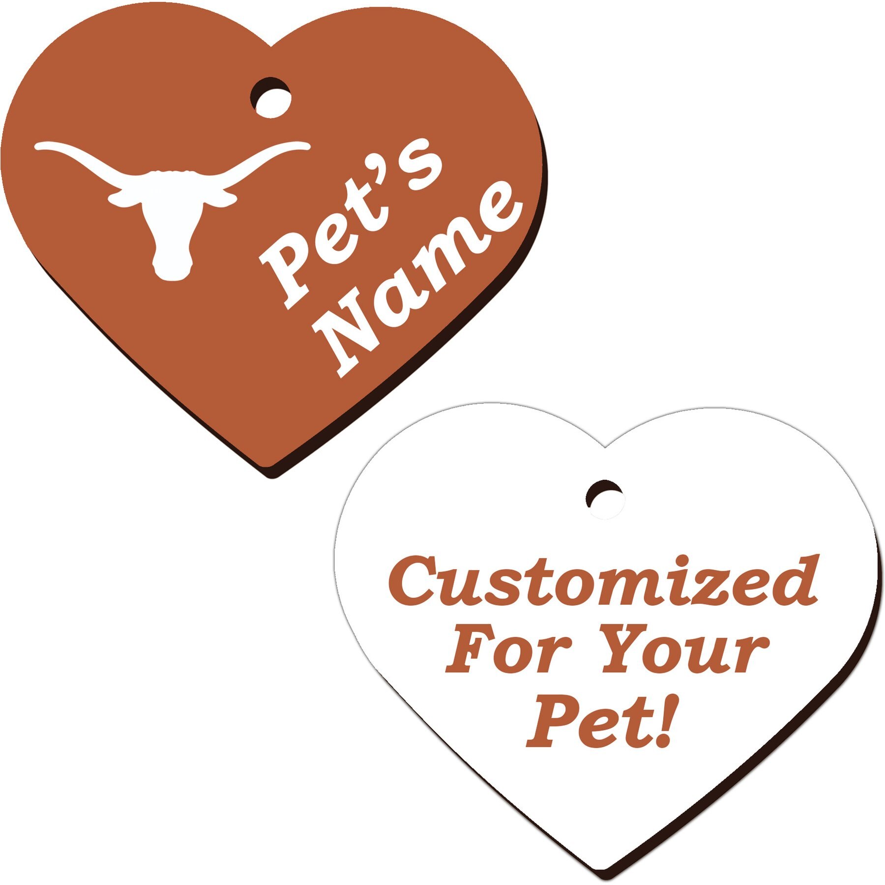 ShopInstaPets 2 Sided Heart Personalized Dog & Cat ID Tag, Texas Longhorns