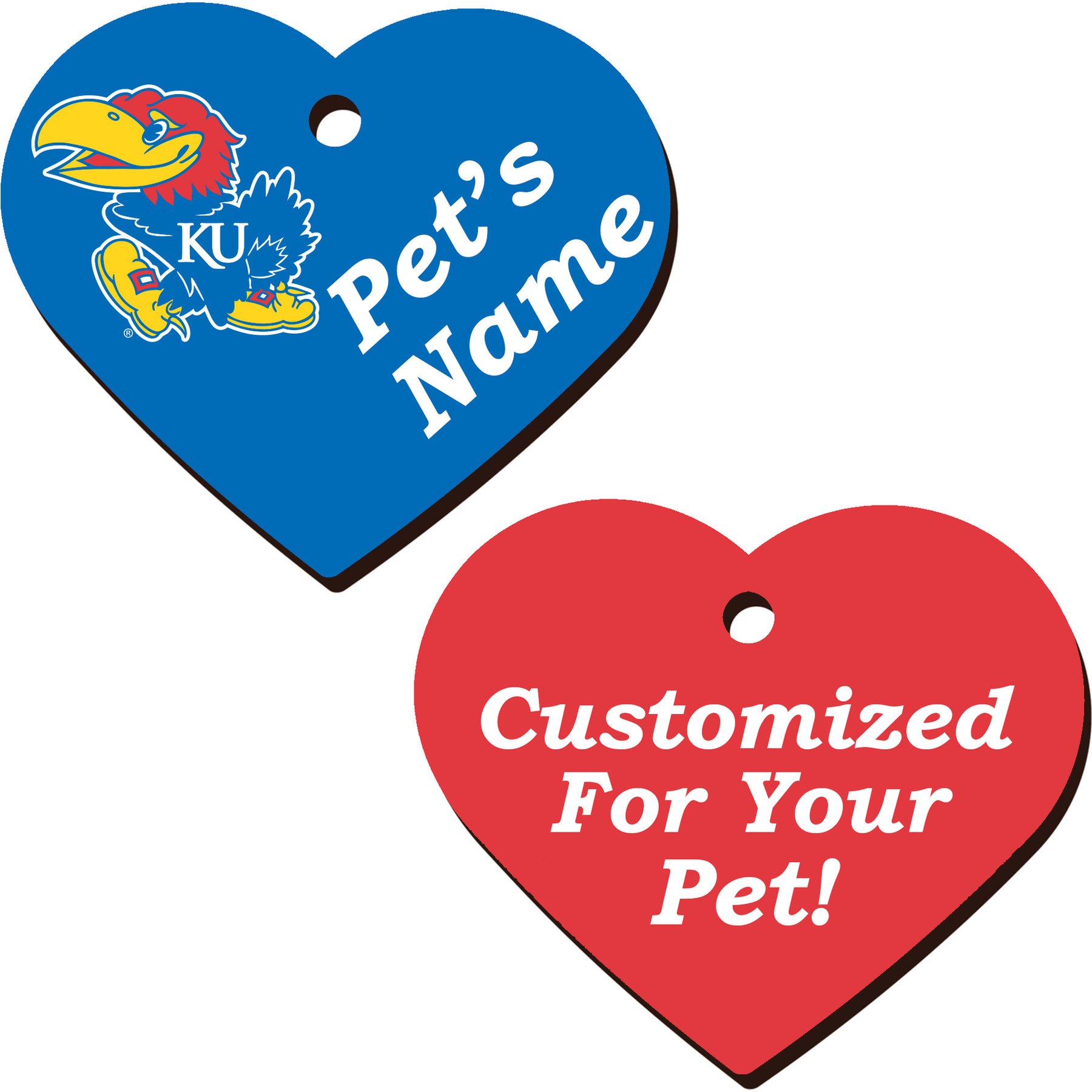 ShopInstaPets 2 Sided Heart Personalized Dog & Cat ID Tag, Kansas Jayhawks