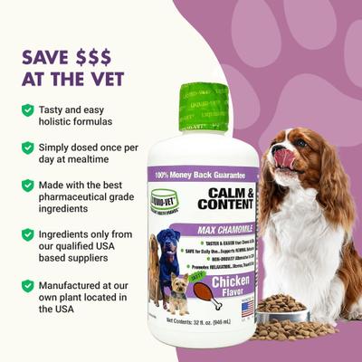 Show full view: Liquid-Vet Calm & Content Support Chicken Flavor Calming Supplement for Dogs, 32-fl oz bottle slide 6 of 9